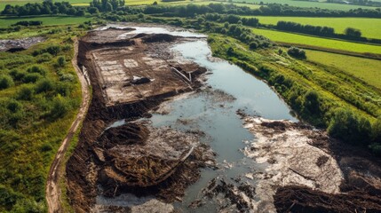 Aerial View of a Polluted River and Construction Site
