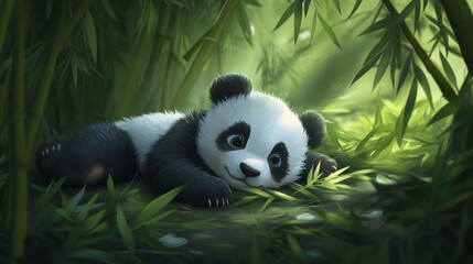 Obraz premium Portrait of a baby panda lying on the ground surrounded by green bamboo leaves, showcasing a cute and natural setting.
