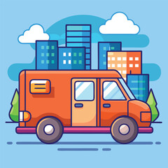 Orange delivery van in front of city buildings.