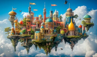 Fototapeta premium Floating city reflected in clouds.