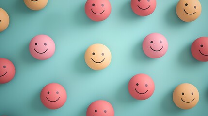 Fototapeta premium Colorful smiley face balls arranged on a teal background, creating a cheerful and playful atmosphere.