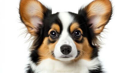 Fototapeta premium A playful corgi looks directly at the viewer with fluffy ears and bright eyes