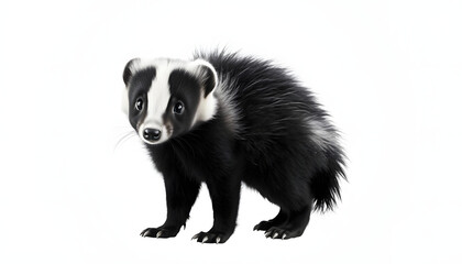 Fototapeta premium Black and white baby skunk standing side ways with bushy tail up. Looking straight ahead away from camera. Isolated cutout on a transparent backround isolated with white highlights, png