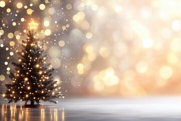 Sparkling Christmas tree with golden bokeh lights on warm holiday background, festive ambiance