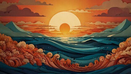 Fototapeta premium Layered papercut illustration of ocean waves at sunset.