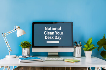Сlean workspace with text National Clean Your Desk Da