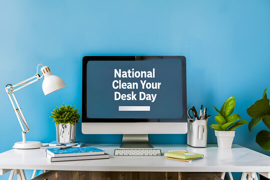 Сlean workspace with text National Clean Your Desk Da