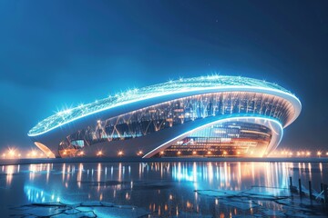 A futuristic football stadium with bright lights, captured in a 3D render at night, showing detailed architecture