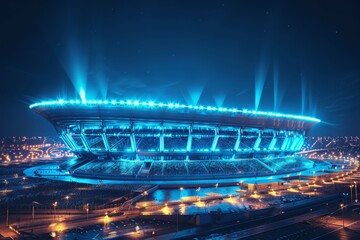 A futuristic football stadium with bright lights, captured in a 3D render at night, showing detailed architecture