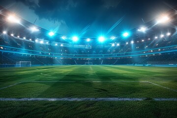 A futuristic football stadium with bright lights, captured in a 3D render at night, showing detailed architecture