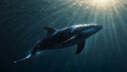 Obraz premium Majestic whale swimming in deep ocean waters, illuminated by sunlight.