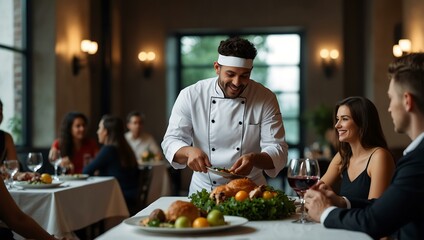 Male chef serving an elegant dinner to a group.