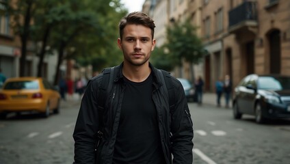 Man in a black jacket with a backpack on the street.