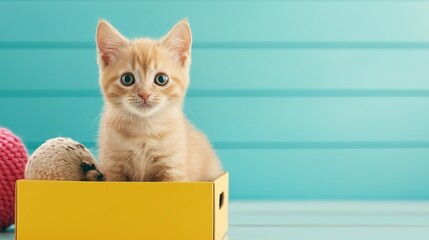 A playful orange kitten sits in a yellow box, surrounded by colorful yarn balls, against a bright turquoise background.