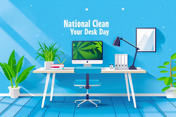 Сlean workspace with text National Clean Your Desk Da