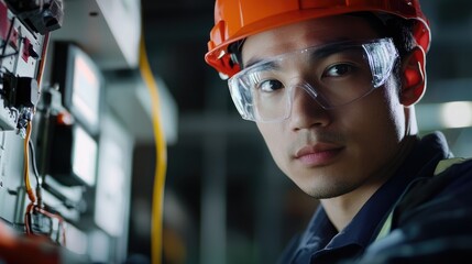 Young male electrician wearing a hard hat and safety gear while performing tasks in a work environment