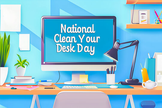 Сlean workspace with text National Clean Your Desk Da