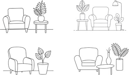 Set of Line Drawing of a Cozy Lounge Chair with a Table and Plant