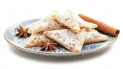 Faworki dusted with powdered sugar, arranged on a blue ceramic plate, isolated on a white backdrop, with cinnamon sticks and star anise