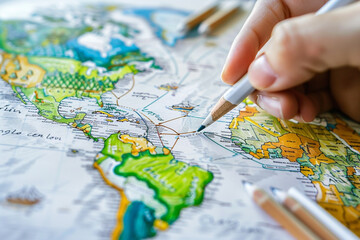 Planning a Trip: A Hand Traces a Route on a Colorful World Map