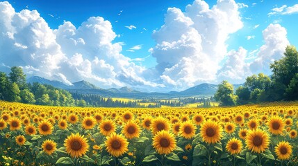 Obraz premium A field of sunflowers blooming under a bright blue sky with puffy white clouds, a mountain range, and a forest in the distance