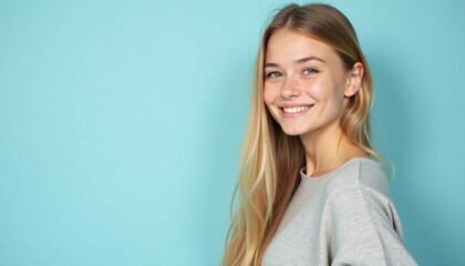 Fototapeta premium Natural Portrait Against Turquoise Background with Genuine Smile