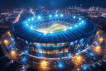 A futuristic football stadium with bright lights, captured in a 3D render at night, showing detailed architecture