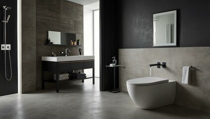 Minimalist bathroom featuring a modern ceramic sink and toilet.