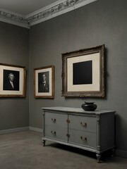 Fototapeta premium Minimalist art gallery with grey walls and an ornate drawer.