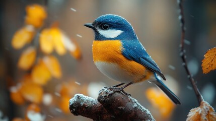 Obraz premium A small blue and yellow bird perched on a branch with snow falling.