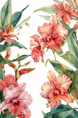 A watercolor illustration of pink Cattleya flowers framing a horizontal space with ample room for wedding invitations
