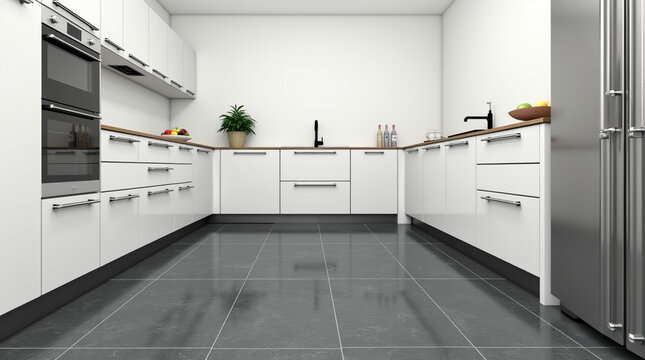 A modern kitchen interior with minimalist aesthetics.