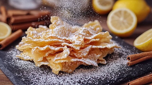 Golden Faworki with powdered sugar falling in motion, placed on a charcoal slate board, surrounded by cinnamon sticks and lemon slices