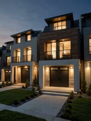 Modern townhouses in a tranquil suburban neighborhood at dusk.