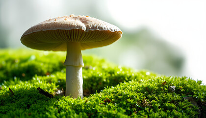 Forest mushroom with green moss on a white background. Mushroom isolate in grass isolated with white highlights, png