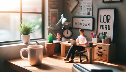 Cozy Home Office Workspace with Laptop, Coffee, and Morning Sunlight
