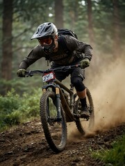Naklejka premium Mountain biker speeding downhill with dust in the air.
