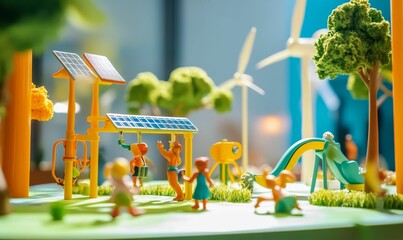 A miniature park with solar panels and windmills.