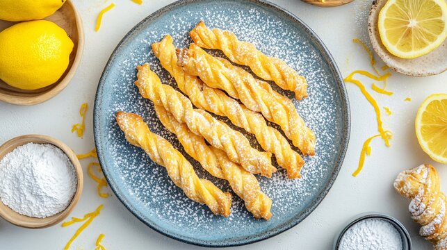 Traditional Faworki twists on a blue stone plate, surrounded by lemon zest and small bowls of powdered sugar, on a soft cream backdrop