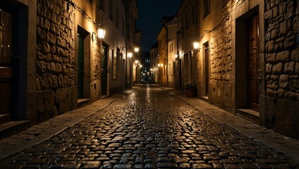 Narrow cobblestone street illuminated at night.