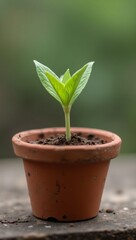 Vibrant green sprout in weathered terracotta pot