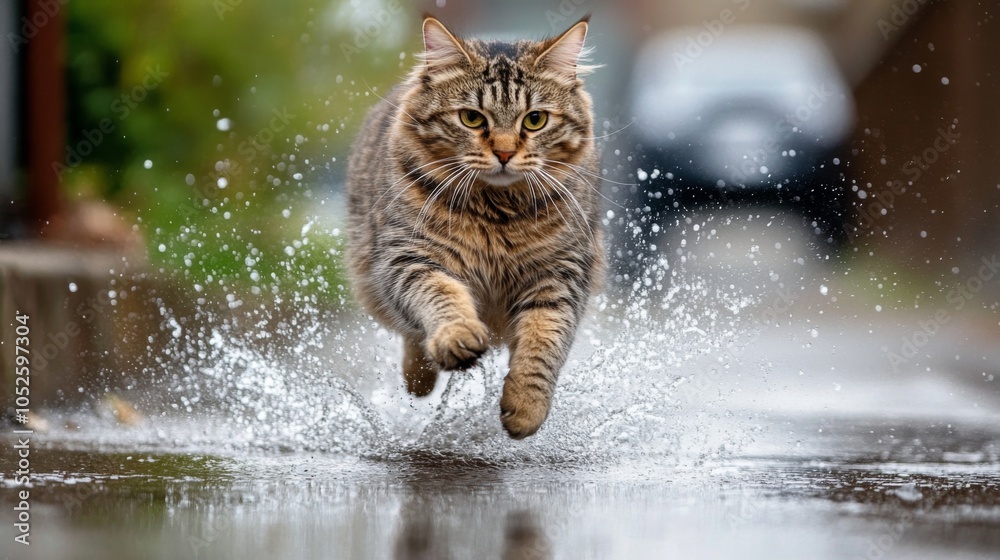 Poster playful cat running through puddles in rain