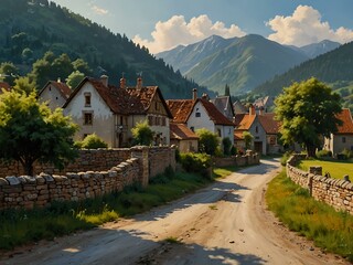 Oil painting of a picturesque village.