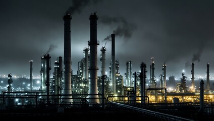 Fototapeta premium Oil refinery in foggy night with long exposure.