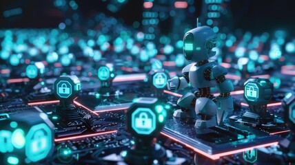 Futuristic cybersecurity concept with robots and digital encryption locks in a techno network