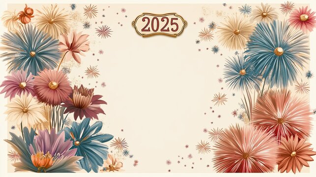 olished brass frame with a “2025” New Year emblem at the top, bordered by mini fireworks, with a clean center for personalized greetings.