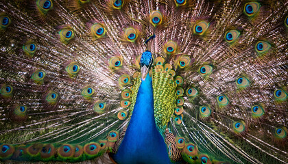Obraz premium A stunning peacock showcasing its colorful plumage in full display, highlighting vibrant blues and greens. This image captures the elegance and beauty of nature, symbolizing pride and majesty