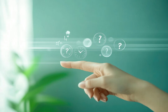 Futuristic touch interface with floating question marks and digital icons