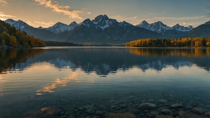 Fototapeta premium Panoramic mountain range with a lake in the foreground.