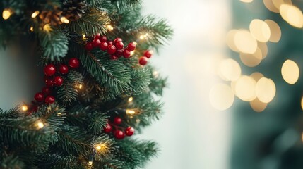 Obraz premium Christmas Wreath with Red Berries and Lights: A close-up of a festive Christmas wreath adorned with red berries and twinkling lights, capturing the essence of the holiday season.
